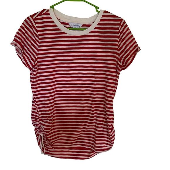 Liz Claiborne white red striped short sleeve medium crew neck rouged sides - Picture 1 of 8